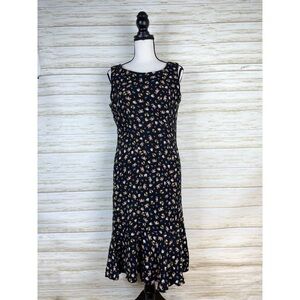 Vintage Black Ditsy Floral Ruffle Hem Grunge Midi Dress